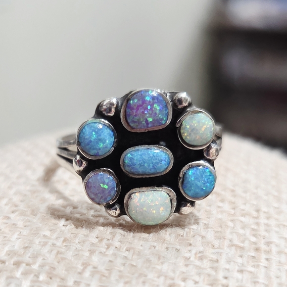 Elegant Silver and Blue Opal Cobble Ring